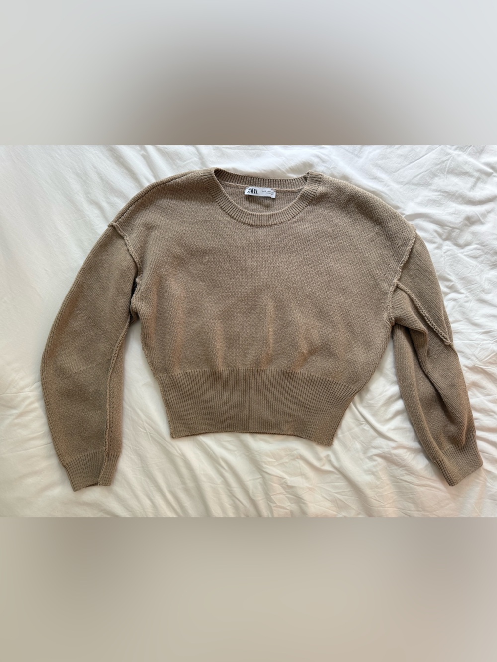 Zara Ribbed Crewneck Sweater in Beige